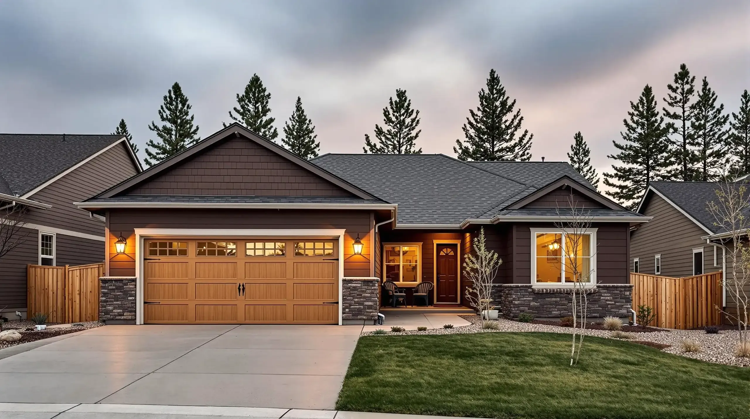 A suburban home that is painted brown with a new asphalt shingle roof